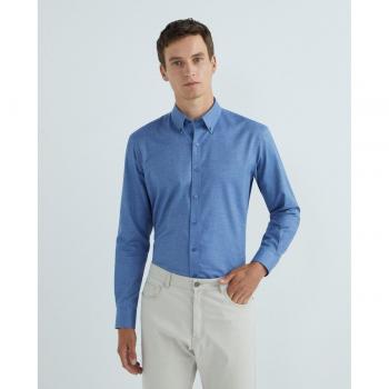 Rushmore - Camisa de hombre sport regular fit, 100% algodón NON IRON franela azul, cuello botón punta, puño arista