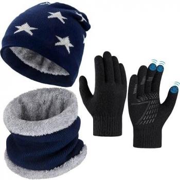 Niño Gorra Bufanda Guante Set - Tejer Lana Polar Calentador Cuello Capa Pantalla Táctil Mitones Suave Invierno Disfraz Correr Moto Bici Fútbol Deporte Frío Esqui Nieve Frozen Snowboard Navidad Año5-10