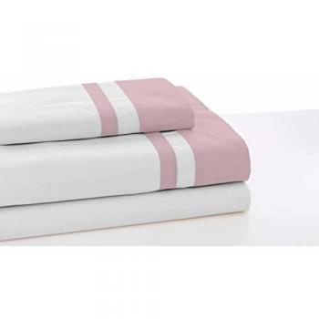 ESTELIA - Juego de sábanas Color Blanco con Detalle Rosa - Cama de 150