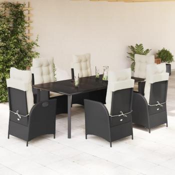 7-Piece Black Poly Rattan Garden Dining Set with Cushions