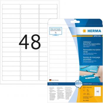 Etiquetas Removibles HERMA 10005, 63,5 x 16,9 mm, Autoadhesivas, Papel Blanco, 1200 Unidades (25 Hojas)