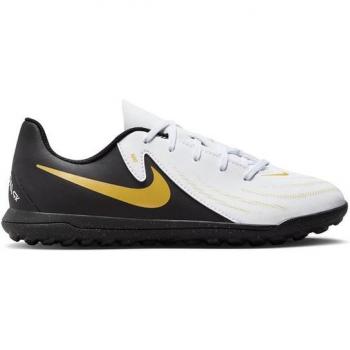 Botas de fútbol turf de niños Nike Phantom GX II Club TF blancas, negras y doradas