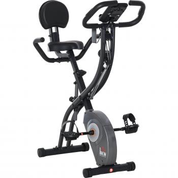 HOMCOM Bicicleta Estática Plegable con 8 Niveles de Resistencia Ajustable, Sensor de Pulso, Pantalla LCD, Sillín Regulable, Respaldo y Bandas de Resistencia