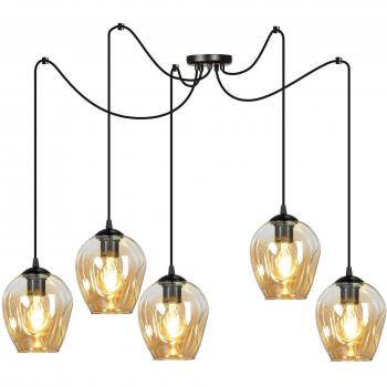 Lámpara colgante Starla descentrado 5 luces ámbar de Emibig Lighting, con racimo de cúpula de cristal negro y pantallas de cristal ámbar, 5x E27