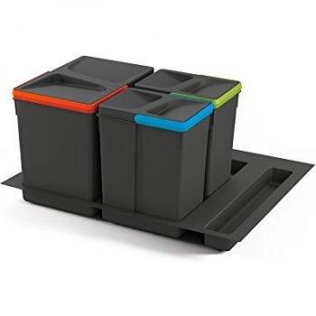Emuca - Cubos de basura para cajón, cubos de reciclaje con base recortable, juego de contenedores alto 266mm con base 60cm
