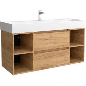Mueble de baño Bequia 120 cm con 2 cajones, 2 coquetas laterales, 4 huecos y lavabo de porcelana en color roble