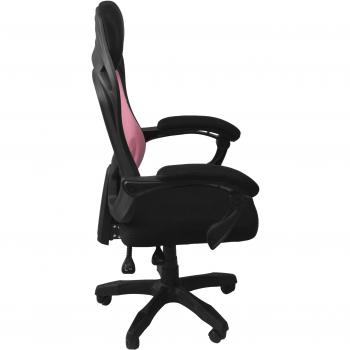 Silla de oficina y ordenador con asiento acolchado y respaldo de rejilla