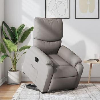 Sillón eléctrico reclinable elevable de tela gris taupe con respaldo, reposabrazos, asiento ajustable y diseño orejero