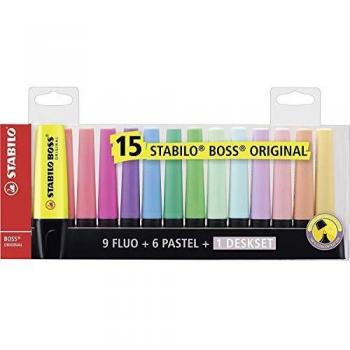 Stabilo Pack of 3 Boss Original Desktop Set - 15 Assorted Colours 9 Neon + 6 Pastel