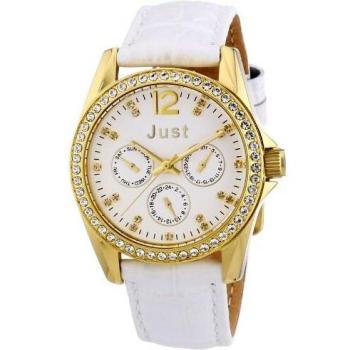 Reloj de Pulsera Just Uhr Chronograph JU10121-003 Blanco Dorado con Correa de Cuero Analógico de Mujer
