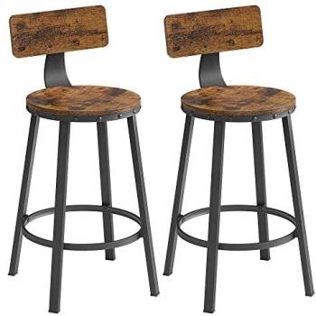 Taburetes de Bar con Respaldo, Set de 2 Unidades, Estilo Industrial, Marco de Acero, Montaje Sencillo, Asiento Elevado para Cocina, Marrón Rústico y Negro