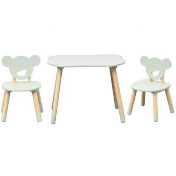 Conjunto de Mesa Baja y 2 Sillas para Niños, Verde Agua y Marrón, MDF Pino, Bordes Redondeados - Dimensiones: 44 x 60 x 56 cm / 47 x 30 x