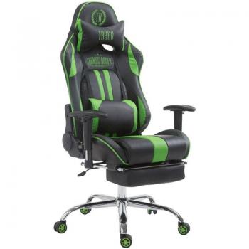 Silla de oficina gaming con reposapiés extensible y mecanismo basculante en PVC negro/verde