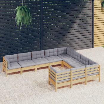 10-Piece Pinewood Garden Lounge Set with Gray Cushions