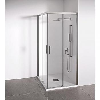 Mampara de Ducha Angular 2 Correderas + 2 Fijos - Sin Perfilería Inferior - Cristal Templado Antical 6mm - Plata Brillo o Negro Mate - Fácil Instalación - Medidas Adaptables
