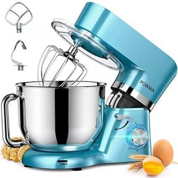 Batidora Amasadora, POWWA Amasadora de Pan Repostería 1500W, 6 Velocidades con Pulso, Potente y Bajo Ruido, Robot de Cocina Amasador Multifuncional, Bol de Acero Inoxidable 6.2 L Capacidad-Azul
