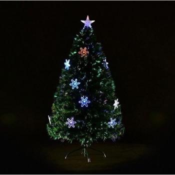 HOMCOM Árbol de Navidad Artificial Árboles de Abeto 150cm con Soporte Decoraciones Navideñas Copos de Nieve Fibra Óptica Brillante LED Multicolor Ignífugo