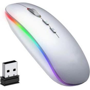Ratón Inalámbrico LED, Uineer Recargable 2.4G Ratón para Computadora Silencioso con Receptor USB, Delgado Ratones Inalambricos para Portátil, Mac, PC, MacBook, Windows,Androide, Plata