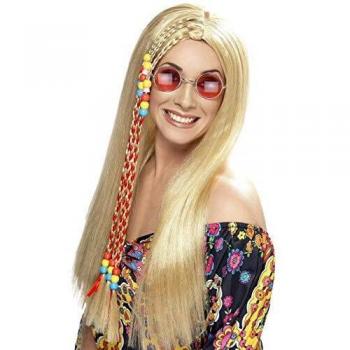Smiffys Peluca de Fiesta Hippy, Rubia, Larga con Abalorios de Colores
