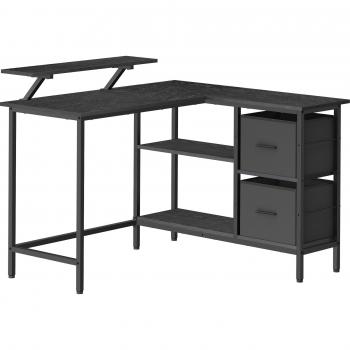 Escritorio en Forma de L con 2 Amplios Cajones, Soporte para Monitor y Estante Ajustable, Marrón Rústico y Negro Ébano / 105 x 115 x 89,5 cm