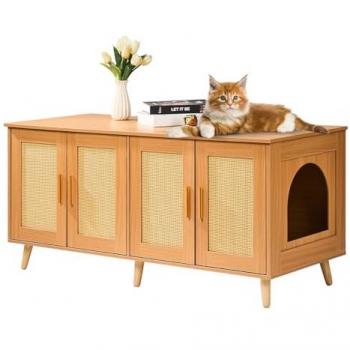 VEVOR 2-Cat Litter Box Enclosure with Rattan Doors, Wooden Cat Furniture Cabinet, Fits Most Litter Boxes, 47.2L x 19.7W x 21.7H