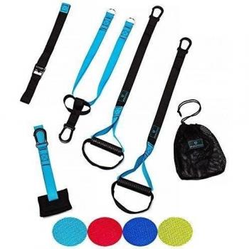 Arnés de suspensión »Prometheus« / Ejercicio en suspensión / Entrenamiento en suspensión / Agarres de goma incl. anclaje para puerta, sujeción con mosquetón y bolsa de transporte / azul claro