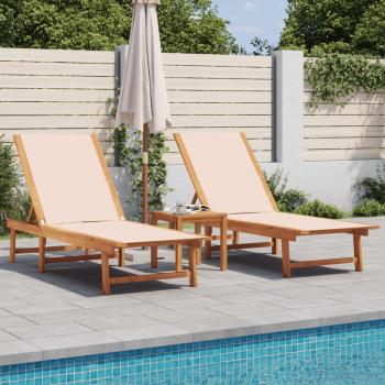 Tumbonas de Exterior vidaXL 2 uds con mesa de madera maciza acacia y textileno en colores Negro, Crema y Gris, ideales para jardín, playa, piscina y terraza