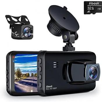 Abask Cámara de Coche, 170° Gran Ángulo Frente y 150° Gran Ángulo Trasera Full HD Doble 1080P Dash Cam con Tarjeta 32G, G-Sensor, Grabación de Bucle, WDR, Monitor de Aparcamiento, Sensor de Movimiento