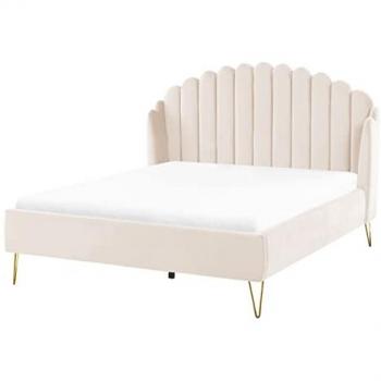Cama Matrimonial de Terciopelo Beige con Cabecero Retro y Patas de Metal 140x200 cm