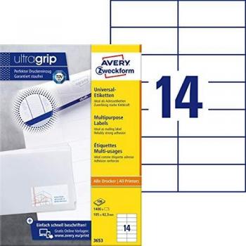Etiquetas Universales Autoadhesivas Avery Zweckform 3653, 105 x 42,3 mm, Paquete de 100 Hojas (1.400 Etiquetas)
