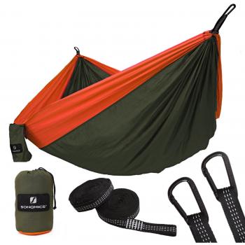 SONGMICS Hamaca Ultra Ligera para Viaje y Camping, Nylon Transpirable, 300kg de Capacidad de Carga, 275 x 140 cm, 2 x Mosquetones Premium, 2 x Correas de Nylon Incluidas, 1-2 Personas GDC14AO