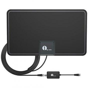 Antena de TV, 1byone Antena de HDTV para Interiores con excelente Rendimiento para TDT Digital y señales de TV analógicas, VHF/UHF/FM, Antena de Ventana, Diseño Suave con Amplificador de señal