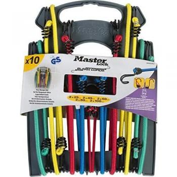 Master Lock 3043EURDAT Cuerdas elásticas con Ganchos Invertidos, óptimo para Sujetar Cargas Pequeñas,Camping,Mudanzas,Paquete de 10 Tensores, 2 x 25 cm + 2 x 45 cm + 2 x 60 cm + 2 x 80 cm + 2 x 100 cm