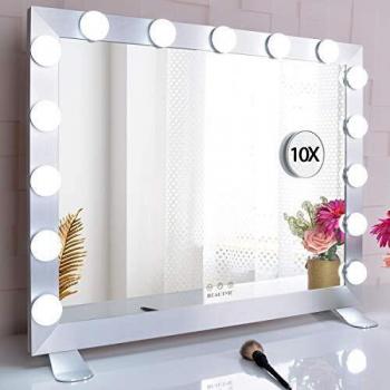 BEAUTME Espejo de tocador con luces, gran espejo de maquillaje iluminado de Hollywood con 15 bombillas LED regulables para vestidor, mesa o montaje en pared