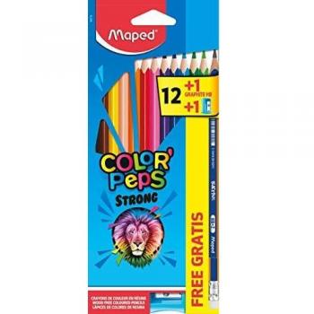 Maped - Pinturas de Madera - Estuche Strong - 12 Lápices de Colores, 1 lapicero con Goma y 1 Sacapuntas - Incluye Etiquetas para Poner el Nombre - Ideal para Llevar a Clase
