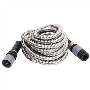 Manguera de Jardín Flexible con Pulverizador, Tubo de Agua para Riego y Limpieza, Acero Inoxidable Plateado 14 mm, disponible en dimensiones de 7.5 m, 15 m y 22