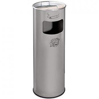 Cenicero combinado y recolector de basura 17 litros, acero plateado, para interior y exterior, con protección de borde y malla
