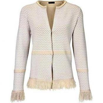 Patrizia DINI - Chaqueta de Punto para Mujer, con Flecos, Color Arena y Blanco Blanco 36