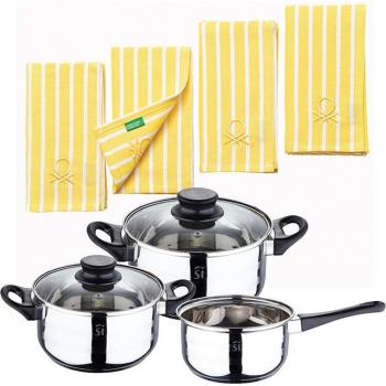 Pack batería de cocina 5 piezas acero inoxidable + set 4 paños de cocina amarillos – SAN IGNACIO