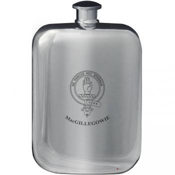 MacGillegowie Family Crest Design Pocket Hip Flask 6oz Rounded Polished Pewter