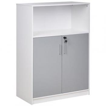 Armario de almacenamiento moderno gris claro y blanco con estante abierto y 2 puertas cerradas con llave