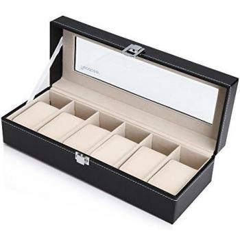 Readaeer Relojes Caja para 6 Relojes Buzón Memoria con Tapa de Cristal Negro de Piel sintética