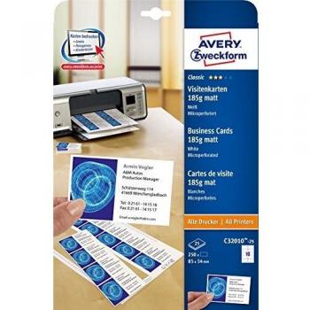 Tarjetas de Visita Avery Zweckform C32010-25, 85 x 54 mm, 185 g/m², microperforadas, mate, paquete de 250 unidades