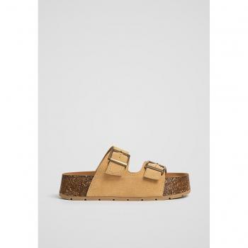 Beige Leather Flatform Sandals