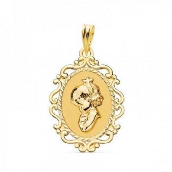Medalla de la Virgen Niña en oro 18k para Primera Comunión de 23 mm con borde ovalado.