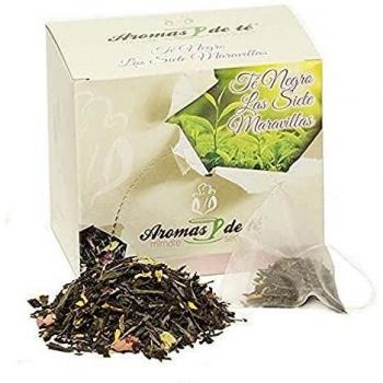 Aromas de Té - Té Negro Las Siete Maravillas - Mezcla de Té Negro y Té Verde - Con Brotes de Girasol y de Rosa - Afrutado - Propiedades Energizantes - En Bolsitas - 10 Pirámides
