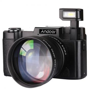 Andoer CDR2 1080P 15fps Full HD 24MP Cámara Digital 3.0 LCD Pantalla Giratoria Anti-vibración 4x Zoom Digital Flash Incorporada Retráctil con Lente Gran Angular Filtro UV