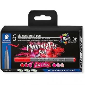 Staedtler 371 Pack de 6 Rotuladores Punta de Pincel Suave - Nueva Tinta Multi Ink - Pigmentos de Primera Calidad - Colores Rojos/Rosas Surtidos - No Amar