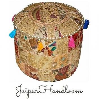 jaipurhandloom Beige indio Puf Taburete Vintage Patchwork adornados con Patchwork otomana de salón 46 x 33 cm), diseño o 18 x 13 cm