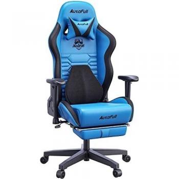 AutoFull Silla Gaming Silla Gamer Ergonómica Silla de Oficina Cuero de PU Silla de Escritorio,Altura e inclinación Ajustables,Reposacabezas y Soporte Lumbar,Reposapiés,Azul